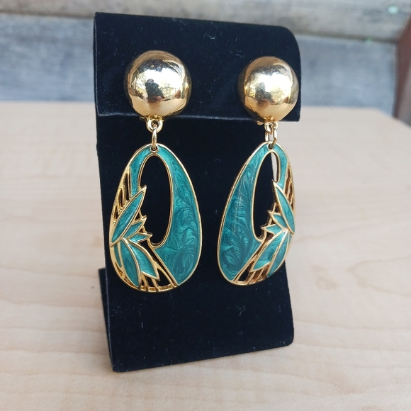 Vintage Edgar Berebi Signed Gold Tone Blue Enamel Dangle Earrings Clip On - Picture 2 of 6